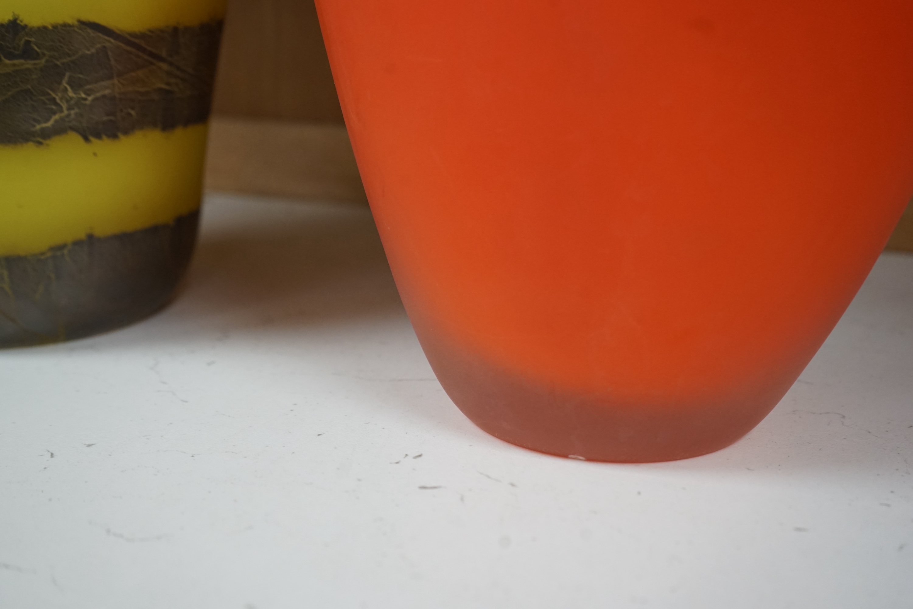 Two art glass vases: one yellow, one orange, 26cm high., Condition - good may need cleaning